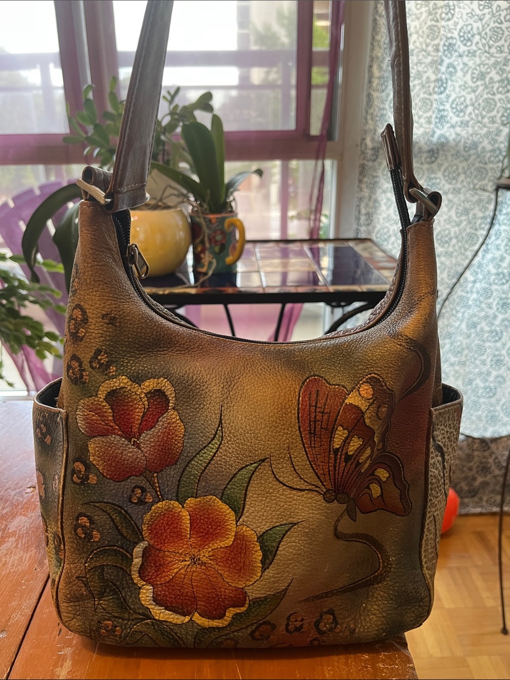 Hand-Painted Floral & Butterfly Leather Shoulder Bag in Brown by Anushka